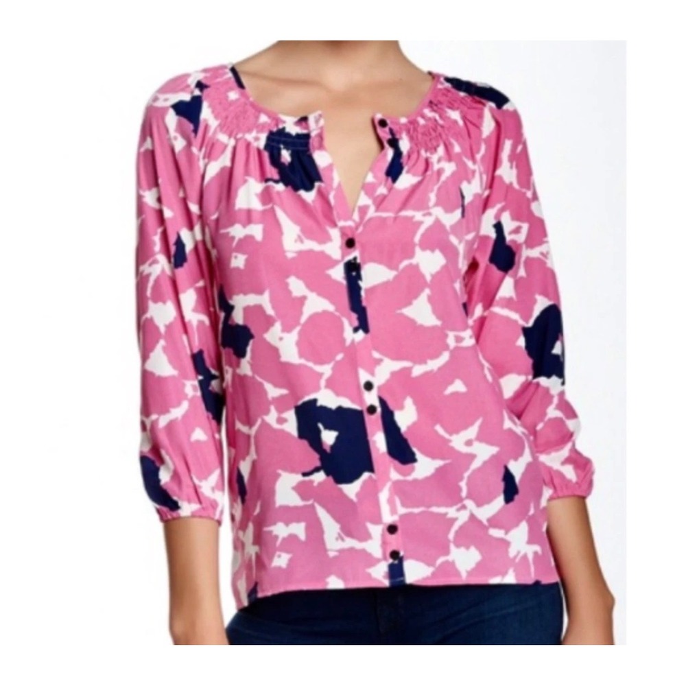 Yumi Kim Pink Navy Blue Floral Print 3/4 Sleeve Blouse Top Medium